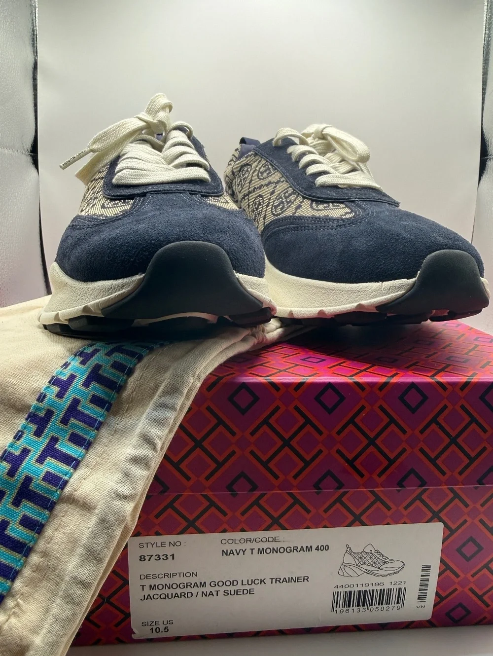 Tory Burch Navy Monogram Good Luck Trainer Jacquard and Suede Sneakers Size 10.5